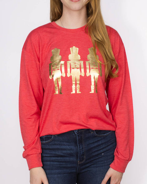 Glitzy Nutcracker Long Sleeve Crew Neck T-Shirt   Red/Gold   -Asst.