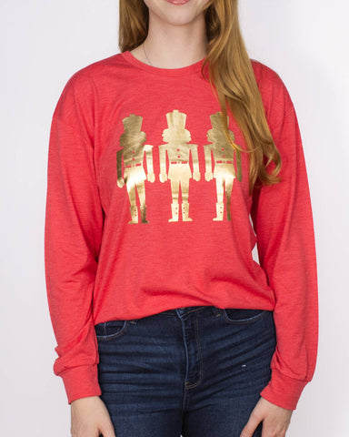 Glitzy Nutcracker Long Sleeve Crew Neck T-Shirt   Red/Gold   -Asst.