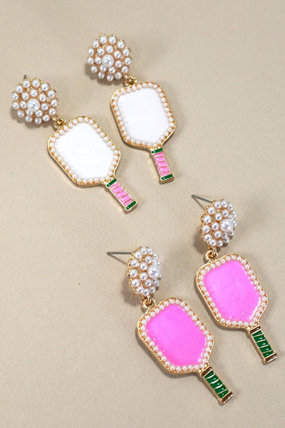 PICKLEBALL PEARL RACKET DROP EARRINGS