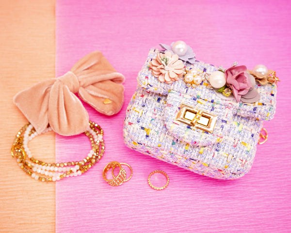 Mini Tweed Pearly Florals Crossbody - Blue