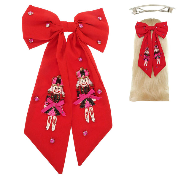 Christmas Nutcracker Crystal Seed Beaded Bow Barrette