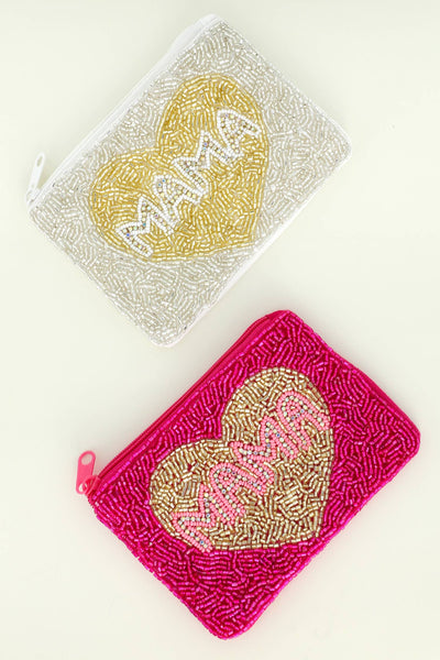 "MAMA" Seed Bead & Rhinestone Pink Coin Bag