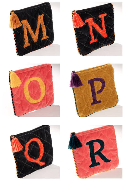 Hand Embroidered Initial Velveteen Pouch