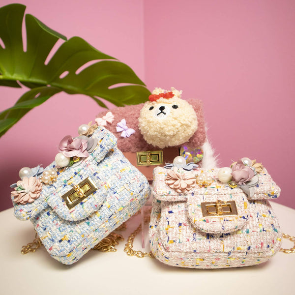 Mini Tweed Pearly Florals Crossbody - Pink