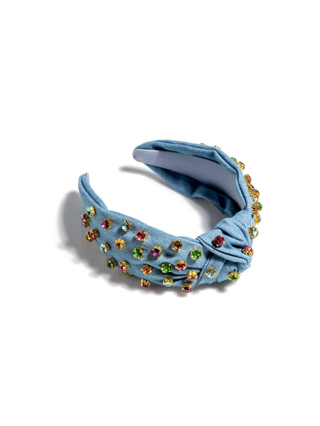 EMBELLISHED DENIM KNOTTED HEADBAND, BLUE