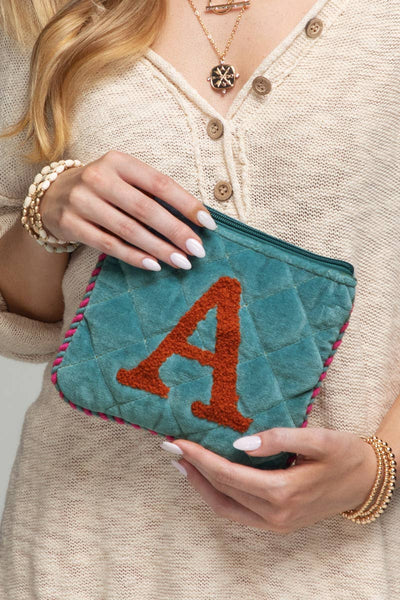 Hand Embroidered Initial Velveteen Pouch