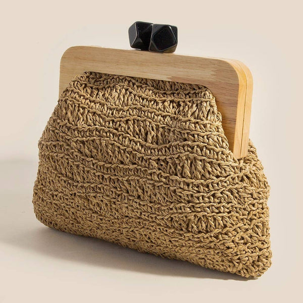 Geometric Clasp Wooden Frame Braided Clutch Bag