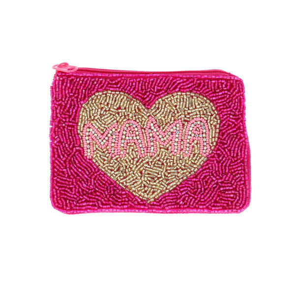 "MAMA" Seed Bead & Rhinestone Pink Coin Bag