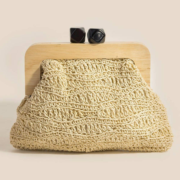 Geometric Clasp Wooden Frame Braided Clutch Bag