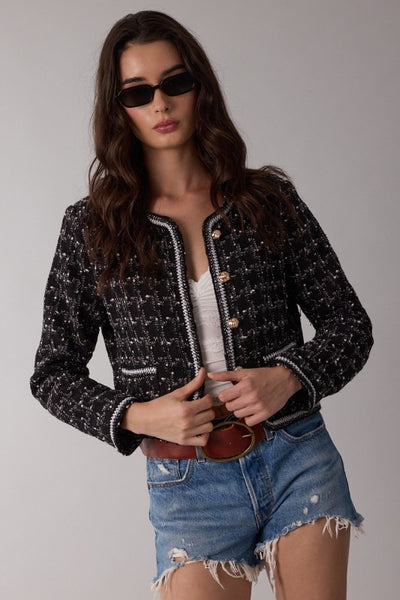 Monotone Tweed Plaid Long Sleeve Crop Jacket