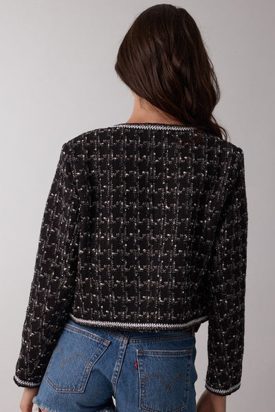 Monotone Tweed Plaid Long Sleeve Crop Jacket