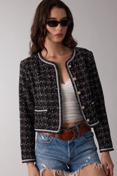 Monotone Tweed Plaid Long Sleeve Crop Jacket