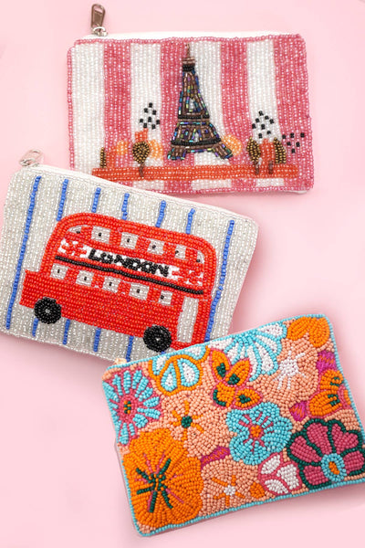 LONDON BUS FLOWER PARIS SEED BEAD COIN POUCH