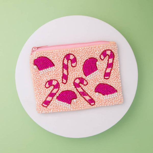 Christmas Theme Pink Seed Beaded Zipper Coin Pouch