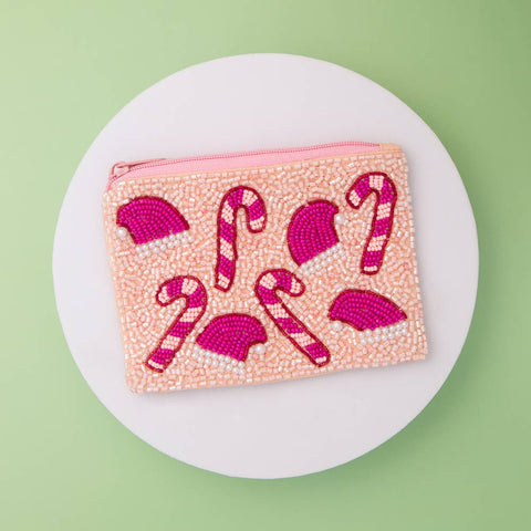 Christmas Theme Pink Seed Beaded Zipper Coin Pouch