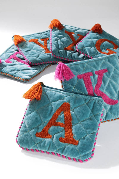 Hand Embroidered Initial Velveteen Pouch