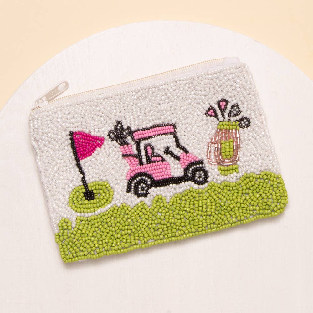 Golf Cart Theme Seed Beaded Zippered Coin Bag
