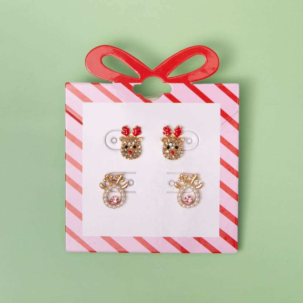 Christmas Rudolph Theme Pearl and Rhinestone Earring Set