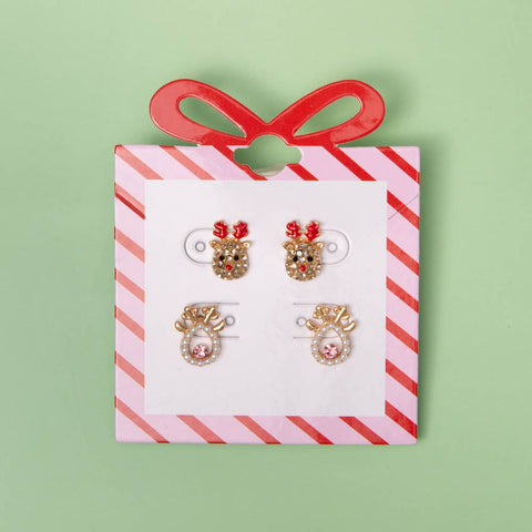 Christmas Rudolph Theme Pearl and Rhinestone Earring Set