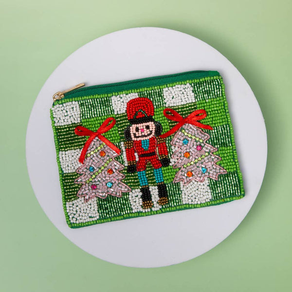 Christmas Nutcracker & Tree Seed Beaded Mini Coin Bag