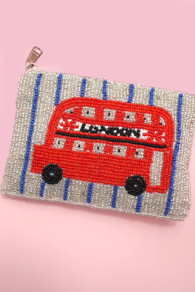 LONDON BUS FLOWER PARIS SEED BEAD COIN POUCH