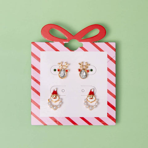Holiday Earring Set with Pearl-Accented Santa and Reindeer