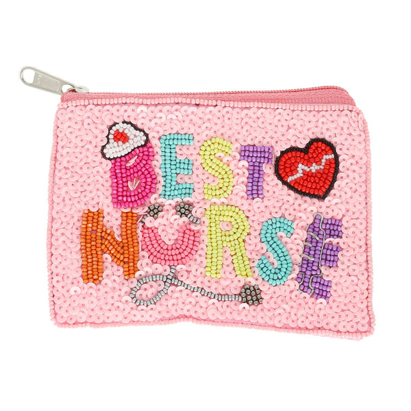 Best Nurse Sequin Seed Bead Embroidered Coin Bag