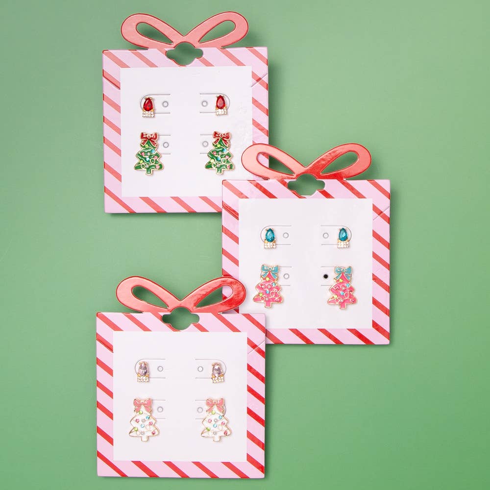 Christmas Tree and Crystal Stud Earring Set