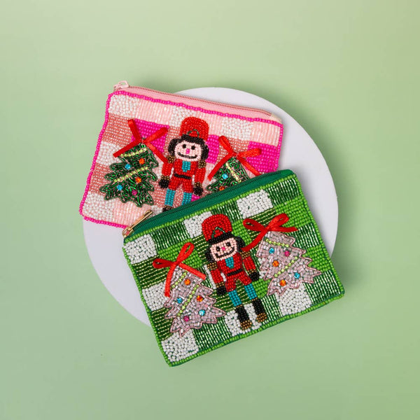 Christmas Nutcracker & Tree Seed Beaded Mini Coin Bag