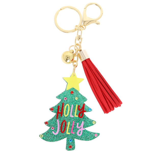 Holly Jolly Christmas Tree Bell Tassel Keychain