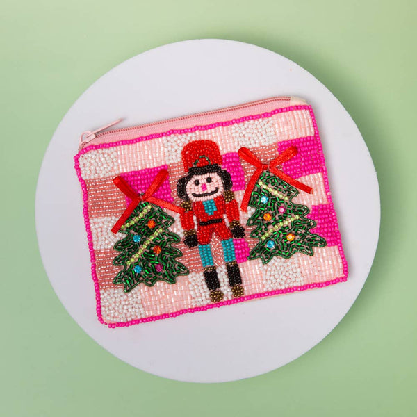 Christmas Nutcracker & Tree Seed Beaded Mini Coin Bag