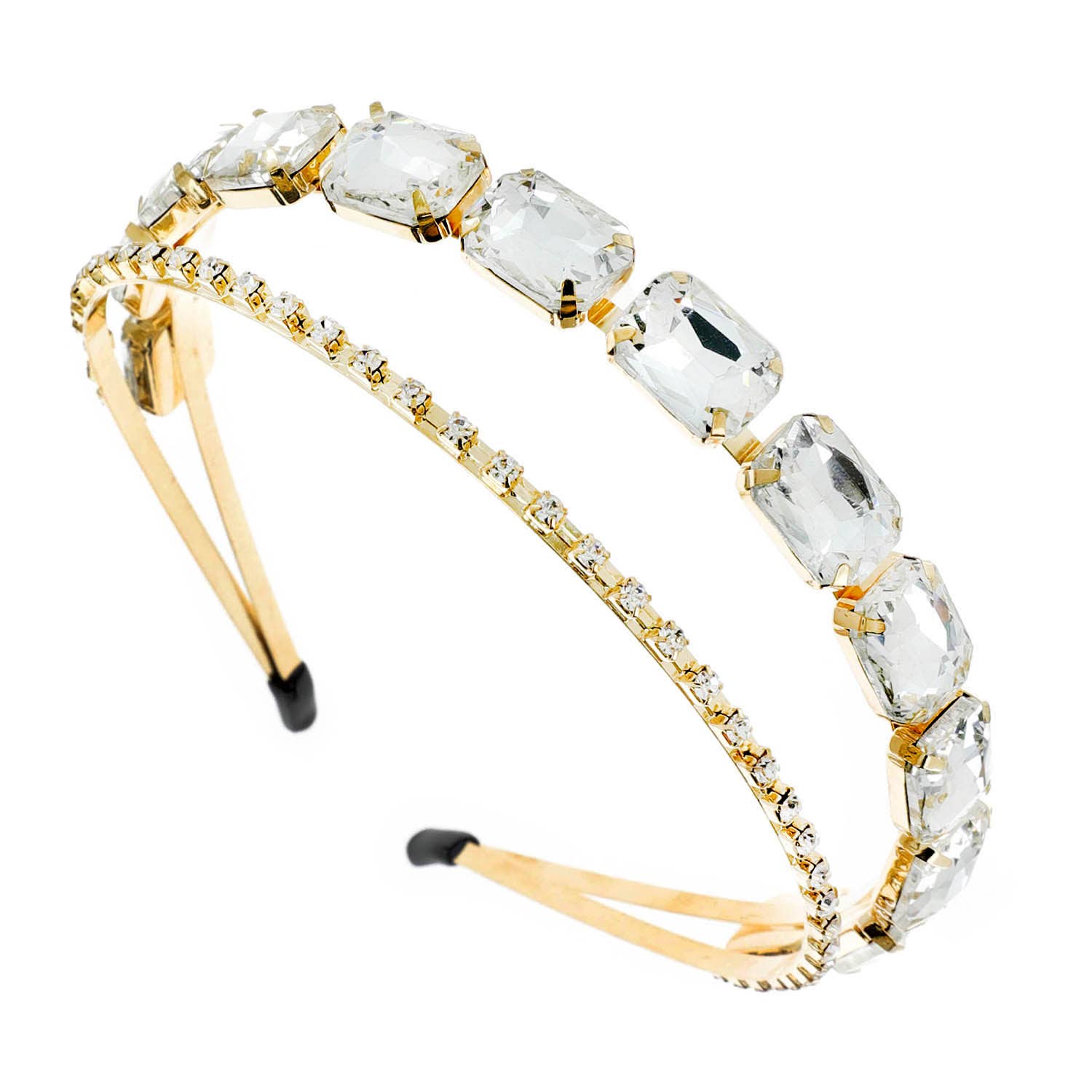 Rhinestone Glass Crystal Gemstone Double Band Headband: Gold Clear