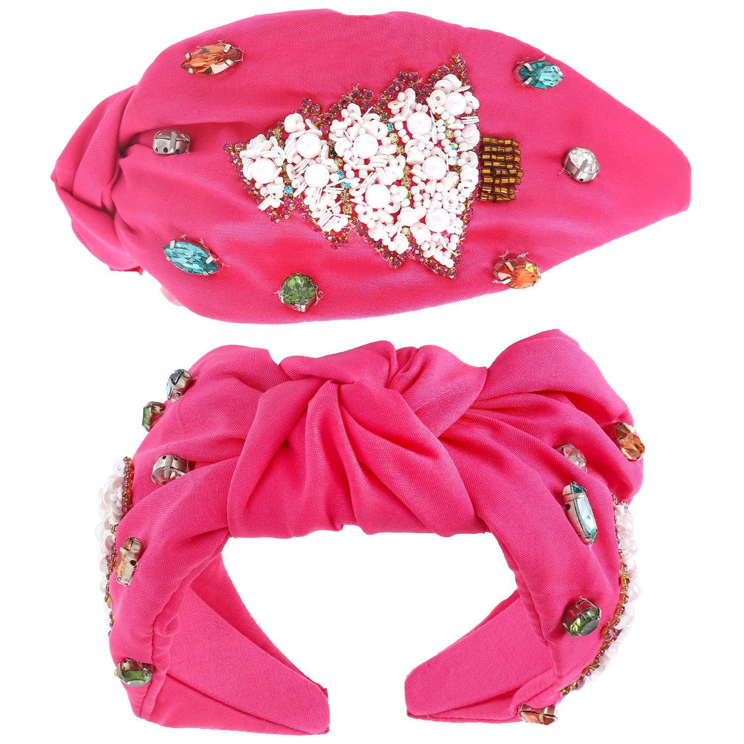 Jeweled Christmas Tree Beaded Knotted Headband: Pink