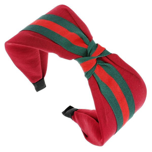 Knotted Bow w/ Green & Red Stripe Headband: Red