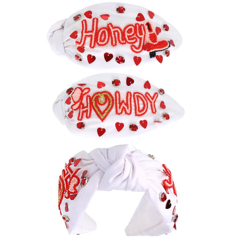 Western Howdy Honey Top Knotted Beaded Headband: White