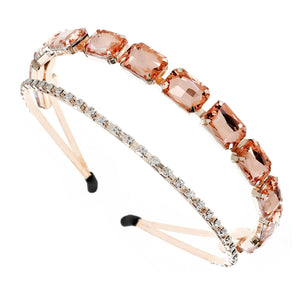 Rhinestone Glass Crystal Gemstone Double Band Headband: Peach