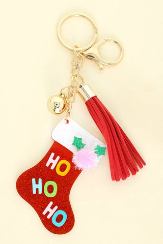 HO HO HO Christmas Stocking Bell Tassel Keychain