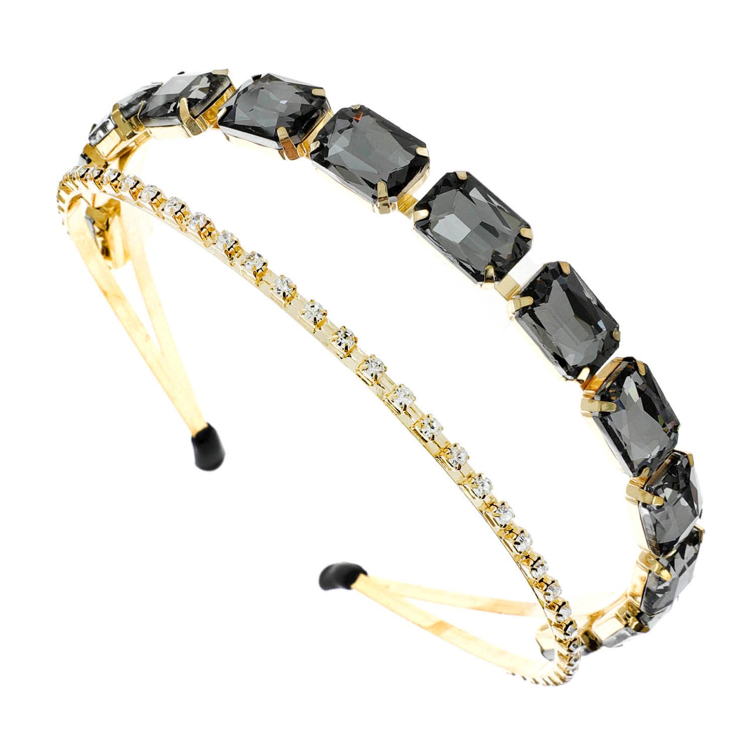 Rhinestone Glass Crystal Gemstone Double Band Headband: Black