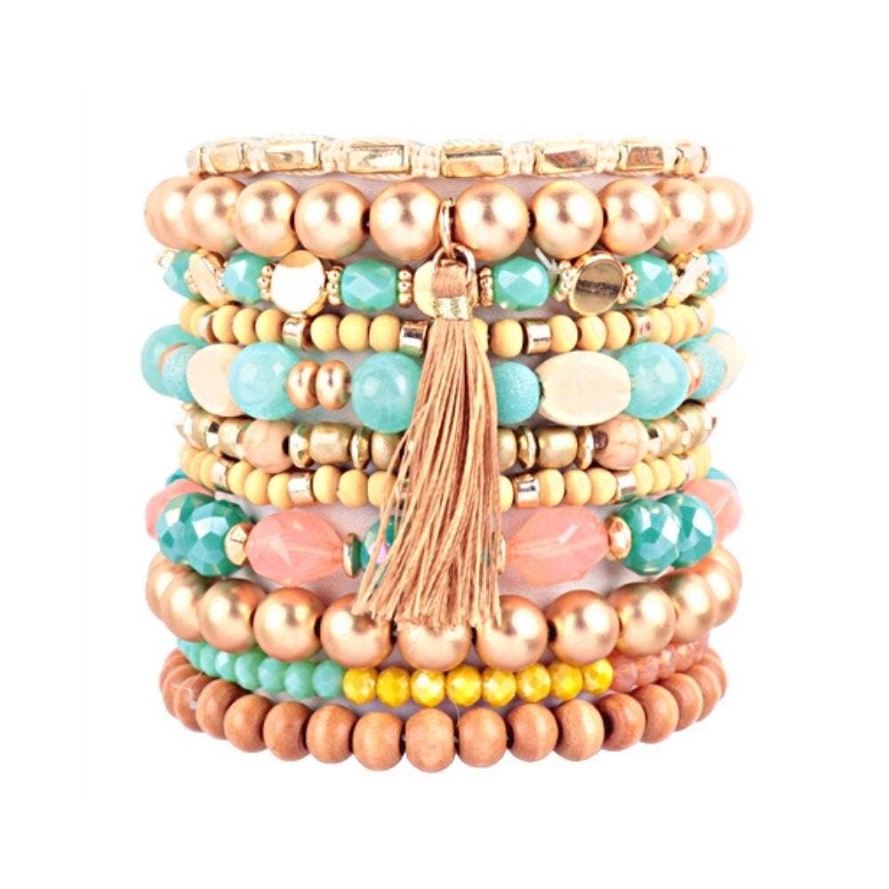 MIX BEADS WOOD CCB STACKABLE CHARM BRACLET SET: LIGHT MULTICOLOR